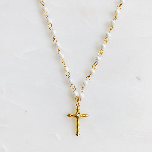 Cable-Textured Cross Pendant Necklace with Pearl Chain