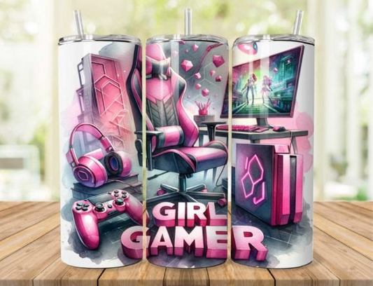 Gaming-inspired tumbler with spill-proof lid, designed for girl gamers.