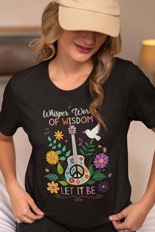 Let It Be guitar t-shirt with peace sign, flowers, and birds.