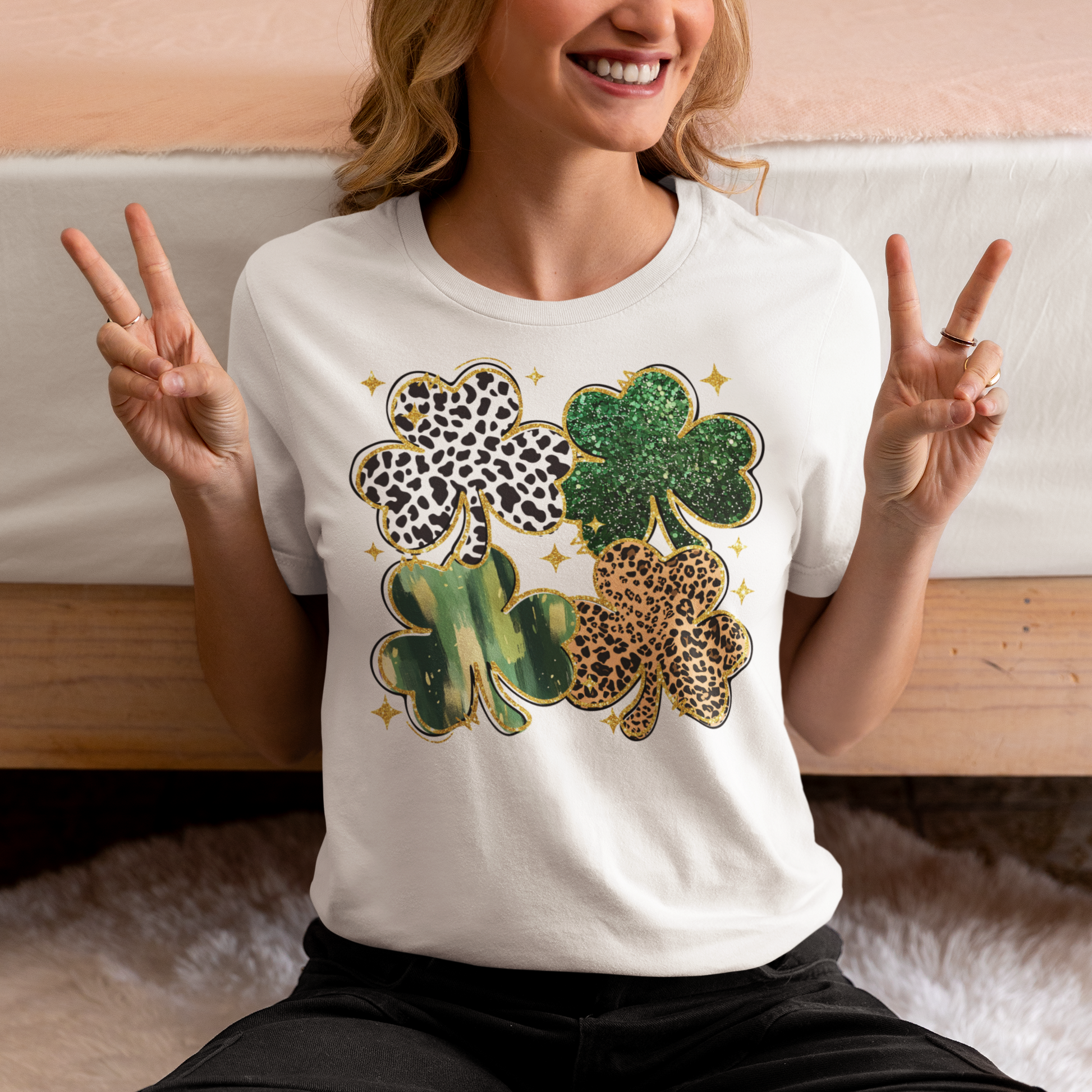 St. Patrick’s Day tee with four unique clover designs.