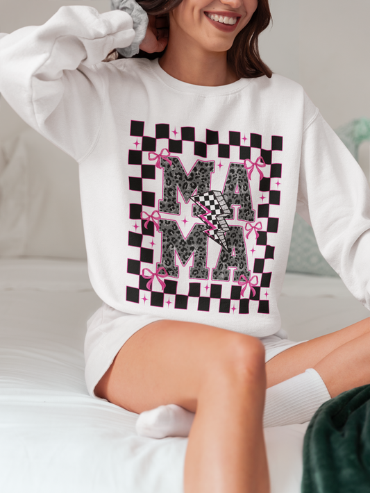 Model wearing a stylish mama sweatshirt in a cozy setting.