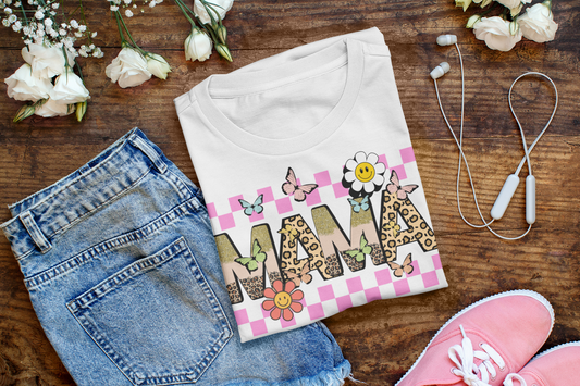 Boho checkered animal print Mama t-shirt in various colors.