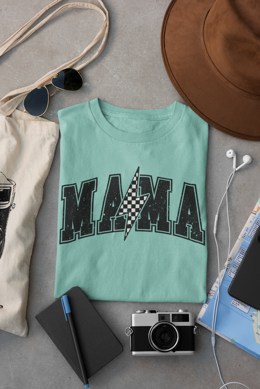 Mama lightning bolt graphic t-shirt in various colors.