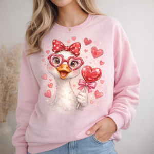 Valentine goose character sweatshirt with heart lollipop
