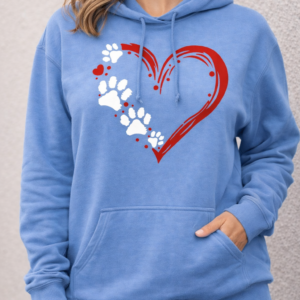 Light blue shirt with a heart made of paw prints and a red painted style heart outline