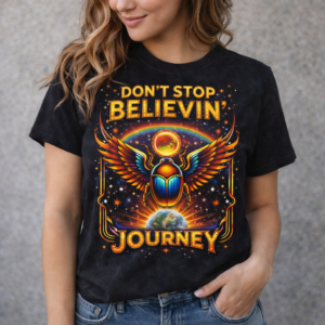 Don’t Stop Believin Journey graphic t shirt with colorful winged scarab and rainbow design